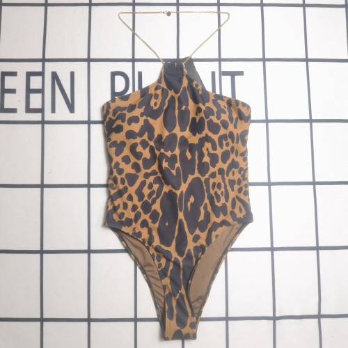 Summer Beach Padded Leopard-Print Chain Halter One-Piece Swimsuit