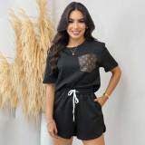 Casual Leather Pocket Women's Jacquard Short Sleeve Shorts Sports Suit