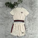 Casual Cotton Embroidered Ribbon Short Sleeve Shorts Set