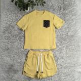 Casual Leather Pocket Women's Jacquard Short Sleeve Shorts Sports Suit