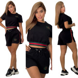 Casual Cotton Embroidered Ribbon Short Sleeve Shorts Set