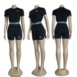 Casual Cotton Embroidered Ribbon Short Sleeve Shorts Set