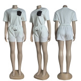 Casual Leather Pocket Women's Jacquard Short Sleeve Shorts Sports Suit