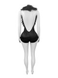 Elastic Satin Feather Deep V Halter Fashion Rompers