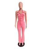 Denim High Elastic Sexy Backless Lapel Workwear Jumpsuit