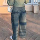 Casual Denim Distressed Washed Jeans Straight Pants