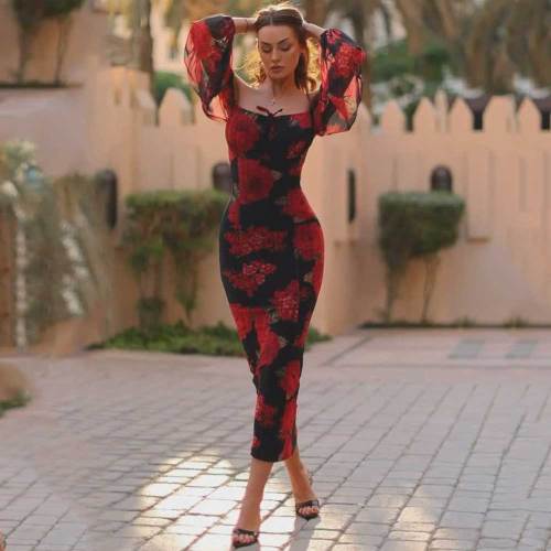 French Tea Break Print Off Shoulder Bodycon Mid Dress