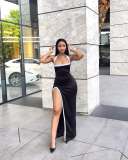 2025 Summer Fashion White Edge Hollow High Slit Halter Long Dress