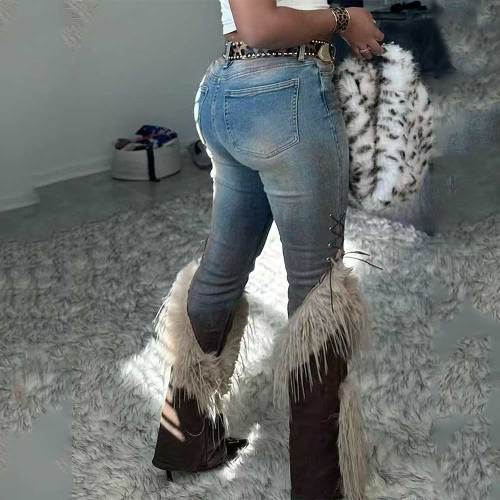 High-waisted Pants Fringe Design Versatile Casual Jeans