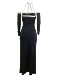 2025 Summer Fashion White Edge Hollow High Slit Halter Long Dress
