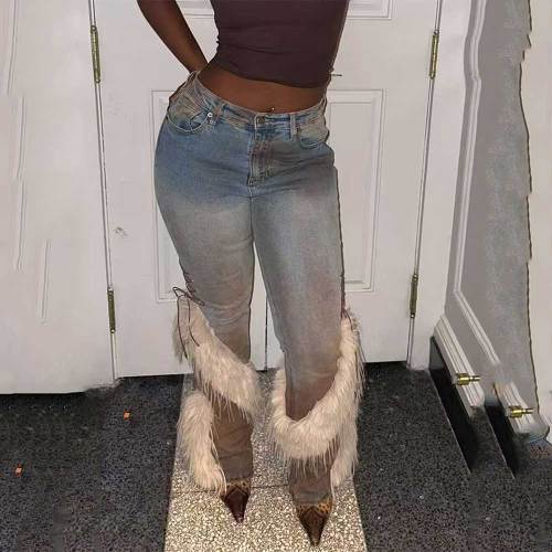 High-waisted Pants Fringe Design Versatile Casual Jeans