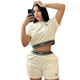 Summer Embroidered Sports Short Sleeve Crop Top Shorts Set