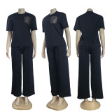Fashion Leather Pocket Short Sleeve Jacquard Two-piece Set