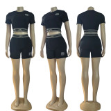 Summer Embroidered Sports Short Sleeve Crop Top Shorts Set