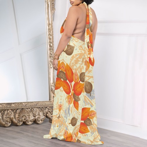 1 Piece Custom Casual Digital Printing Pocket Backless Halter Long Dresses