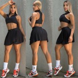 Sports Sleeveless High Waist V-neck Yoga Pleated Anti-exposure Short Skirt Set