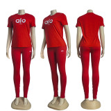 Fashion Cotton Round Neck Short-sleeved Top High Elastic Yoga Trousers Set