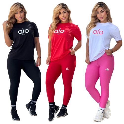 Fashion Cotton Round Neck Short-sleeved Top High Elastic Yoga Trousers Set