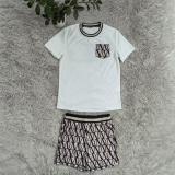Summer Fashion Print Round Neck Pocket Short Set