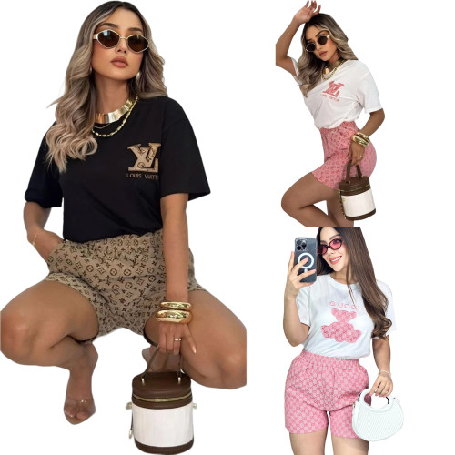 New Summer Embroidery + Printed Short-sleeved Shorts Set