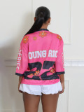 Casual V-Neck Letter Print Splice Sports Style Oversized Knit T-Shirt