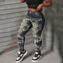 Casual Solid Color Ripped Mid Waist Skinny Denim Jeans