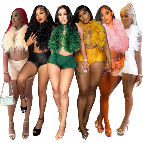 Sexy Nightclub Halter Tie Feather Satin Two-Piece Set