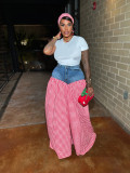 Solid Striped Denim Spliced ​​Plaid High-waist Loose Wide Leg Trousers