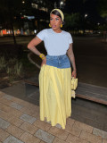 Solid Plaid Denim Patchwork Split Hem Skirt