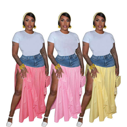 Solid Plaid Denim Patchwork Split Hem Skirt