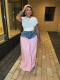 Solid Striped Denim Spliced ​​Plaid High-waist Loose Wide Leg Trousers