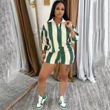 Women's 2 Piece Outfits Long Sleeve Striped Lapel Short Pants Matching Sets