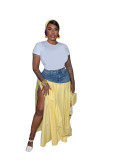 Solid Plaid Denim Patchwork Split Hem Skirt