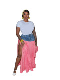 Solid Plaid Denim Patchwork Split Hem Skirt