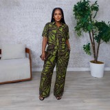 Casual Print Buckle Turndown Collar Short Sleeve Two Pieces