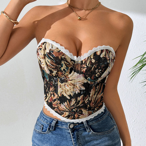 1pc Retro Palace Floral Bandeau Lace-up French Niche Boned Corset Top