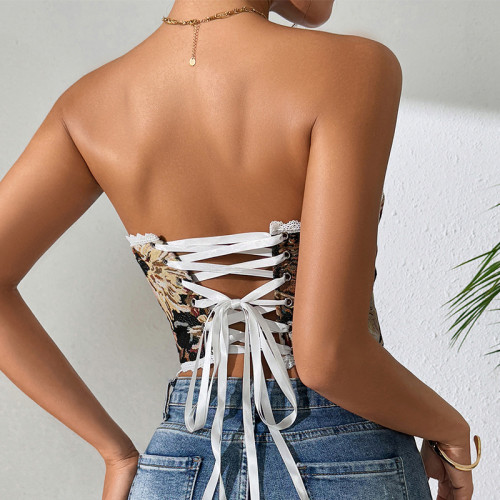 1pc Retro Palace Floral Bandeau Lace-up French Niche Boned Corset Top