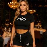 Simple High Elastic Offset Printing Round Neck Short Sleeve Shorts Set