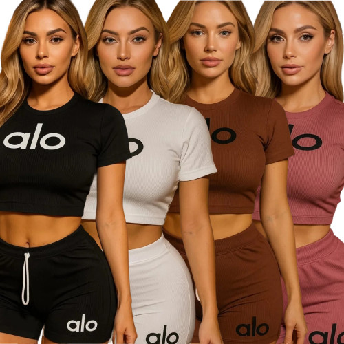 Simple High Elastic Offset Printing Round Neck Short Sleeve Shorts Set