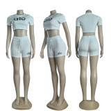 Simple High Elastic Offset Printing Round Neck Short Sleeve Shorts Set