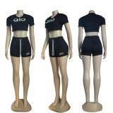 Simple High Elastic Offset Printing Round Neck Short Sleeve Shorts Set