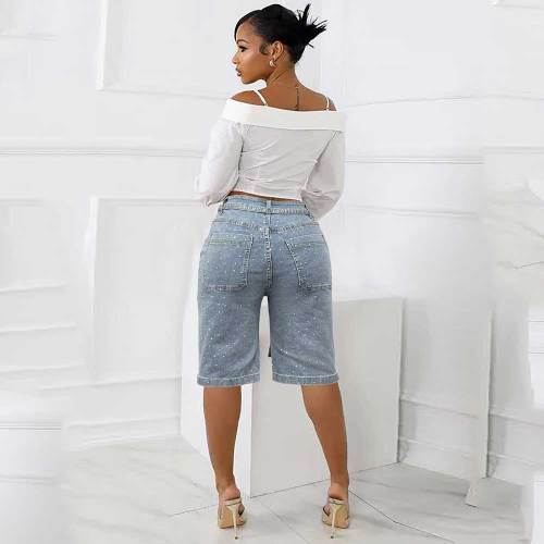 Loose Rhinestones Denim Halft Trousers with Belt