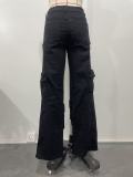 Women Fashion Hollow Rhinestone Cargo Pants Multi-Pocket Washed Jeans