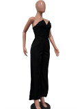 Elegant Solid Solor Strapless Wide Leg Jumpsuit with Belt