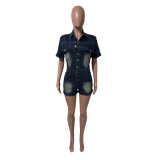 High Elastic Retro Short Sleeve Washed Denim Short Rompers