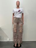 Women Fashion Hollow Rhinestone Cargo Pants Multi-Pocket Washed Jeans