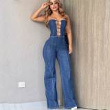 Solid Strapless Backless Slim Straight Wide-leg Denim Jumpsuits