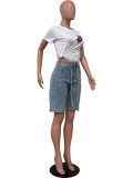 Loose Rhinestones Denim Halft Trousers with Belt