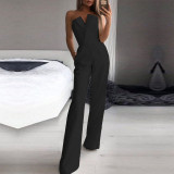 Elegant Solid Solor Strapless Wide Leg Jumpsuit with Belt