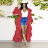 Women's Ruffle Long Cardigan Open Front Lightweight Maxi Duster Coat Outerwear